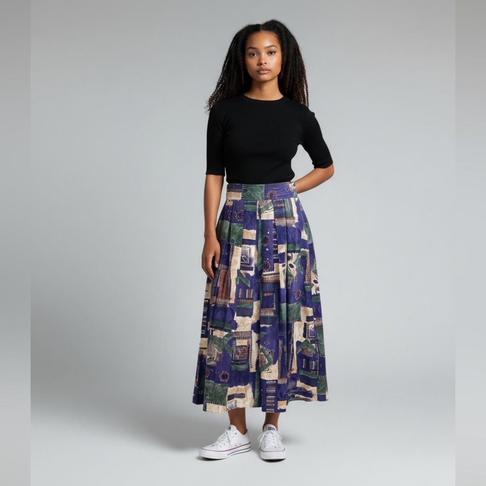 Vintage Indigo and Tan Printed Cotton Midi Skirt Size Small